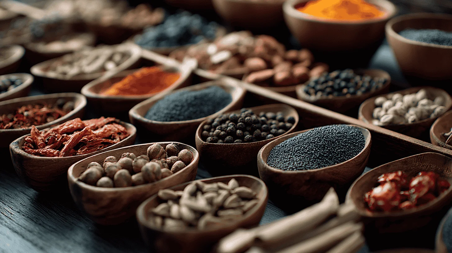 A vibrant array of colorful spices arranged artfully